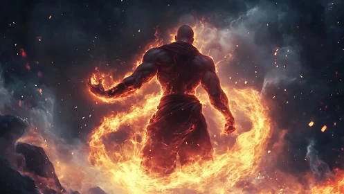 Flaming warrior commands a swirling inferno amid storm clouds