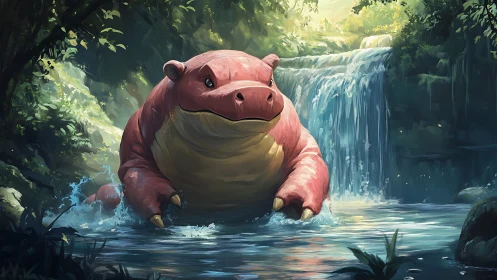 Pink river creature rests beneath sunlit jungle waterfall