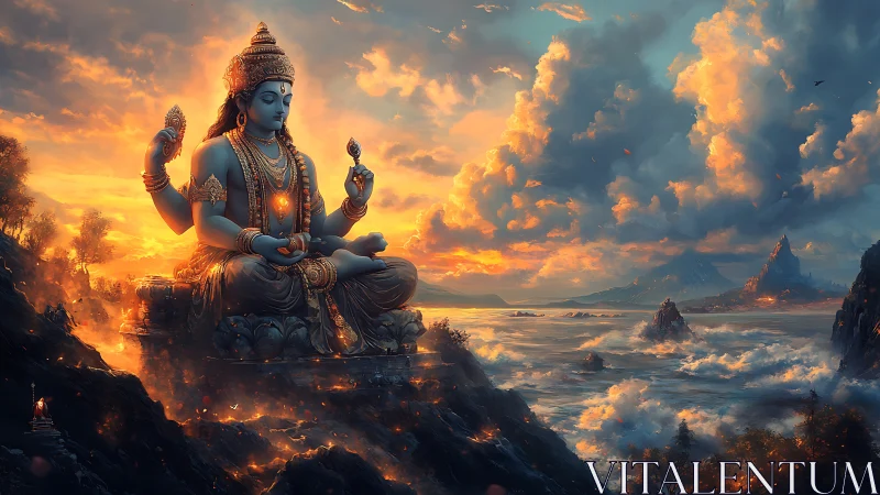 Celestial blue deity cradles a stormlit ocean at dawn