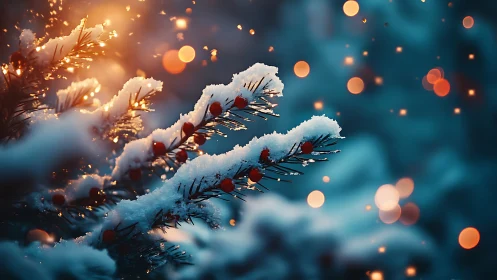 Snow covered pine branches glow beside warm winter lights