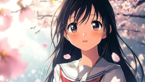 Anime schoolgirl stands among blooming cherry blossoms outdoors