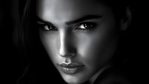 Monochrome close-range portrait with high-contrast specular lighting.