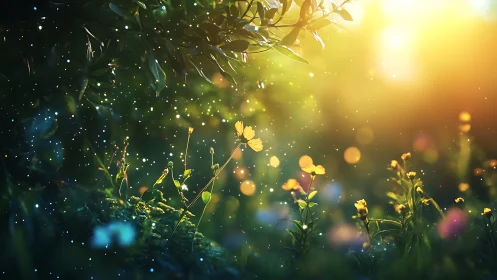 Sunlit wildflowers under glowing forest bokeh haze.