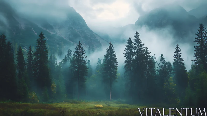 Misty mountain forest valley shrouded in fog and evergreens.