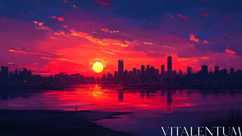 City skyline glowing beneath a radiant neon sunset.