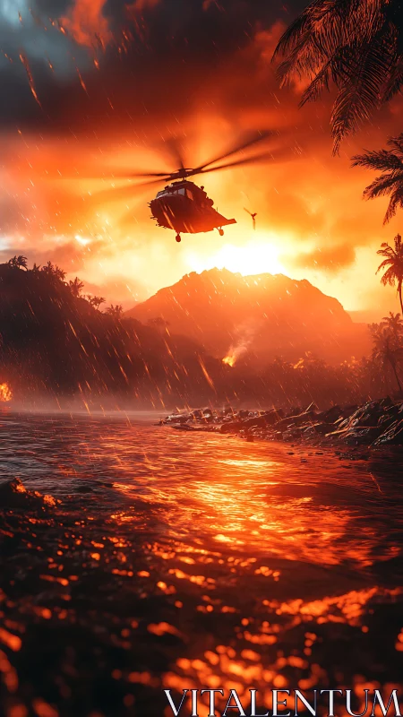 Rescue helicopter crosses stormy tropical coast at sunset