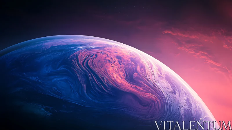 Distant planetary sphere under magenta and blue nebula sky.