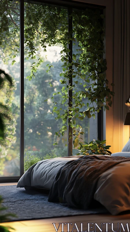Sunlit bedroom retreat with lush window vines and softness.