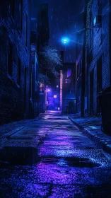 Neon lit rainy alleyway with wet pavement and blue glow.