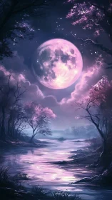 Luminescent magenta moon over reflective river in stylized forest