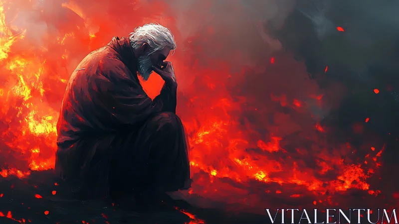 Solitary robed elder in contemplative pose amid infernal blaze