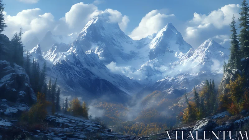 Snow-covered mountain range above forested valley basin.