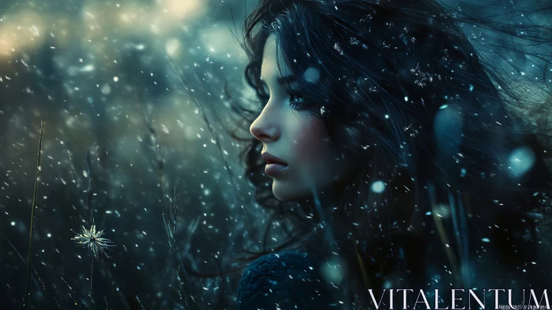 Winter-lit profile of a girl amid swirling snowflakes.