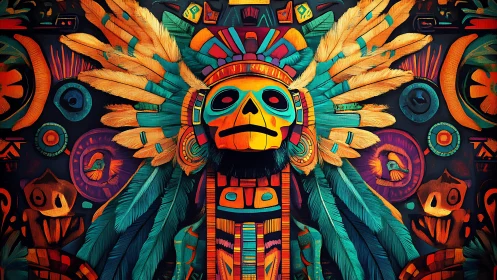 Aztec-inspired skull totem rendered in vibrant digital geometry