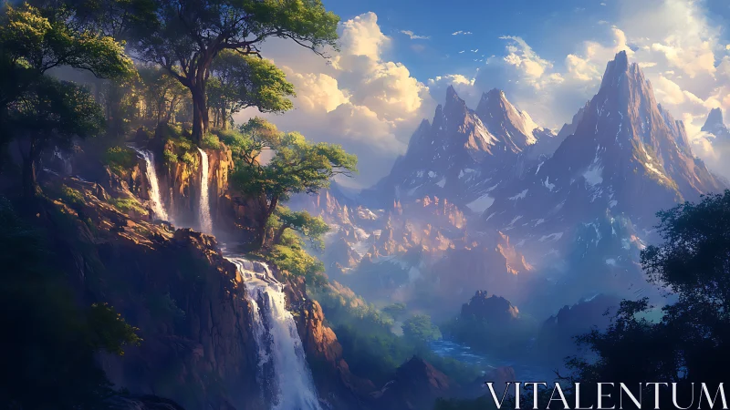 Layered fantasy mountains with cascading forest waterfalls and mist