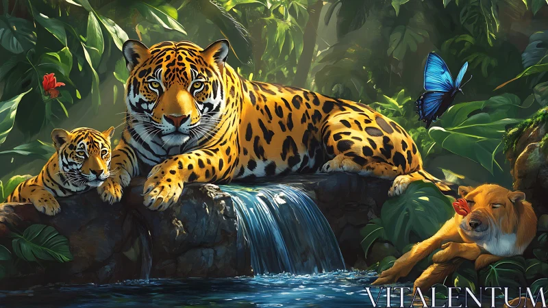 Jungle scene with adult jaguar, cub, and wildlife near waterfall