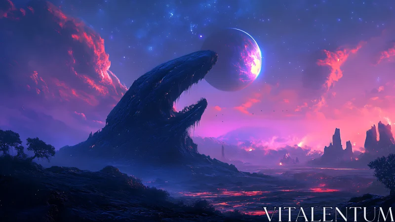 Alien crescent mountain beneath glowing violet planet.