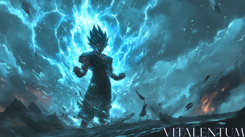 Storm-charged warrior rises in a crackling blue energy blaze