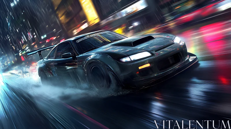 Modified black sports car drifting on wet neon city street.