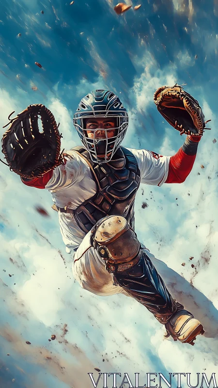 Diving baseball catcher stretches wide for a dramatic skyward save