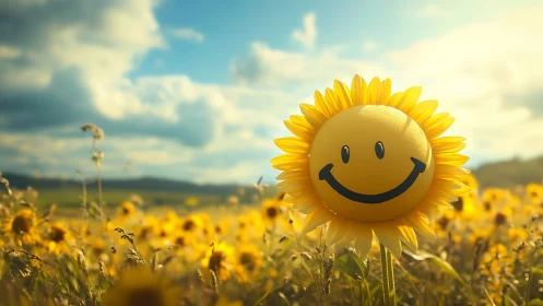 Smiling sunflower face beaming joy across a golden meadow.