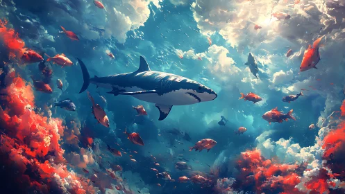Majestic shark glides through luminous coral cloudscape seascape.