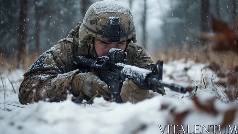 Soldier aims rifle prone in dense winter snowfall. Precision focus.