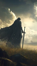 Solitary armored knight stands in field holding a sword
