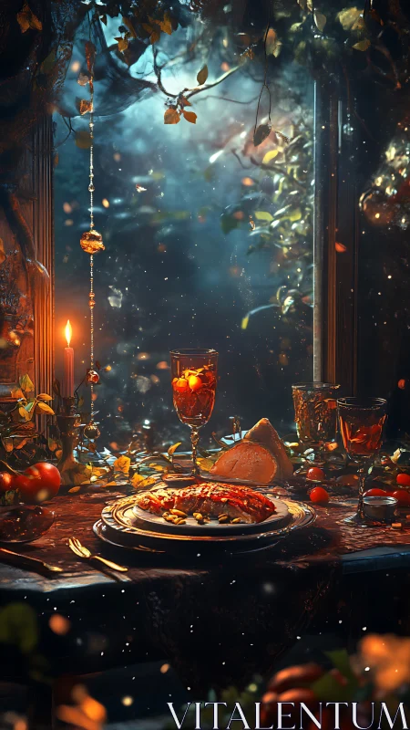 Cozy enchanted dinner table glowing with candlelit warmth.