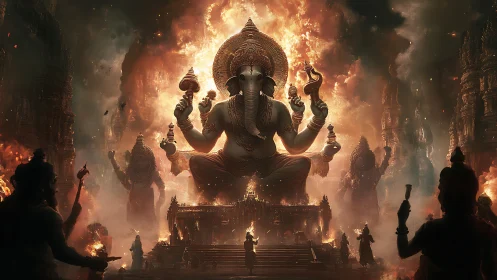 Colossal flaming deity above burning temple cityscape.