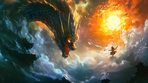 Fiery sky dragon greets a lone warrior in swirling clouds