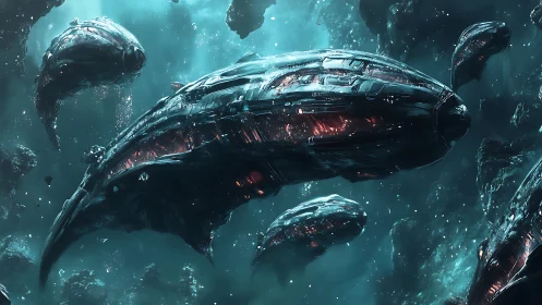 Biomechanical carrier flotilla traversing irradiated nebula depth.