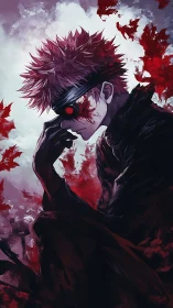 Red-eyed masked figure in dark cloak with crimson debris.