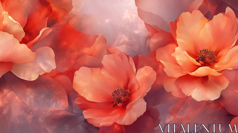 Luminous coral poppies dissolve through softened light and color.