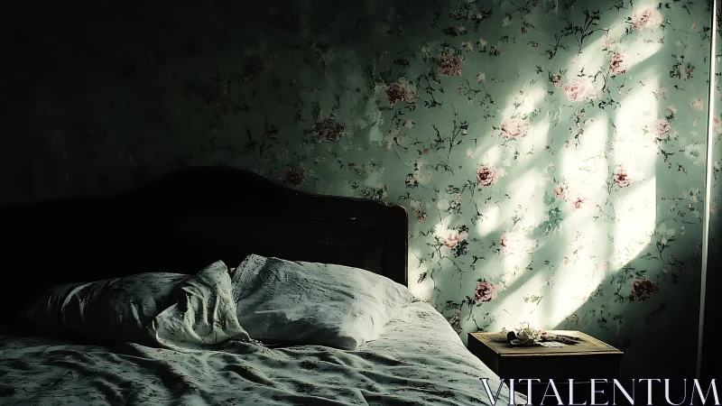 Soft morning light drifts across a quiet floral bedroom wall