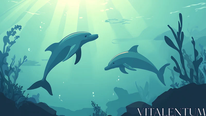Stylized dolphins traverse sunlit pelagic zone with layered silhouettes