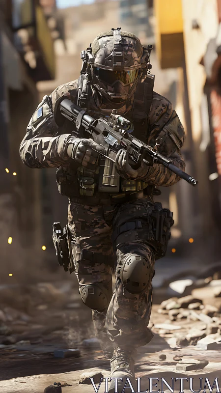 Tactical soldier advances through urban war-torn corridor.