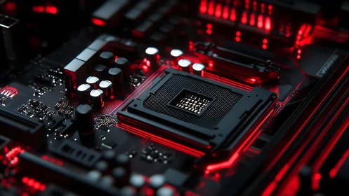 CPU socket on motherboard with red cybernetic lighting focus.