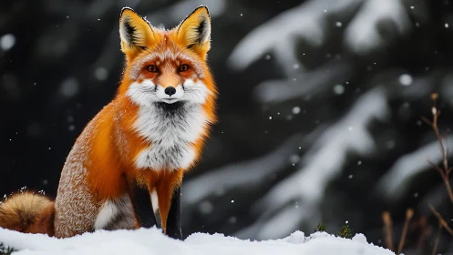 Gentle red fox resting in soft falling winter snow.