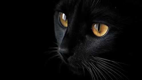 Black Cat with Golden Eyes in Darkness.