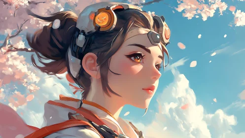 Female character with headset amid cherry blossoms and sky.