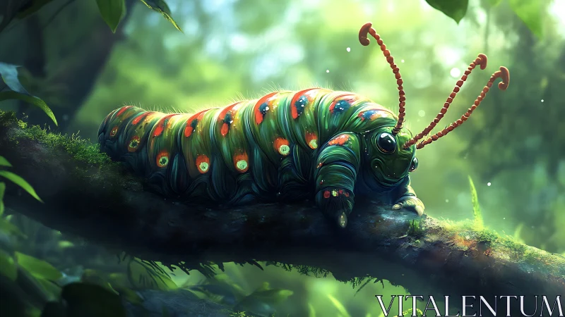 Colorful fantasy caterpillar resting on mossy forest branch.
