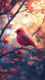 Scarlet songbird rests in dreamy spring blossom light