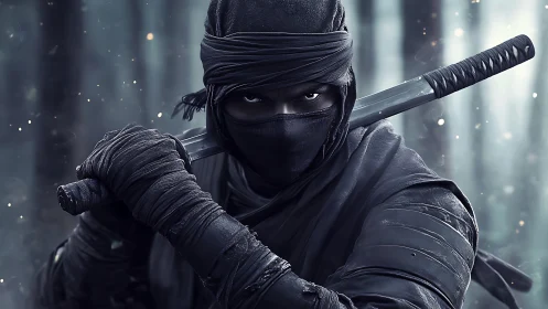 Stealth operative ninja portrait with drawn katana in foggy forest