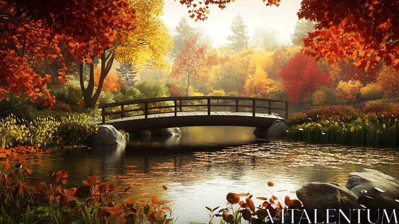 Timber footbridge over reflective pond in dense autumn foliage