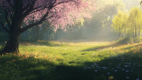 Spring sunlight drifts through a dreamy cherry blossom meadow