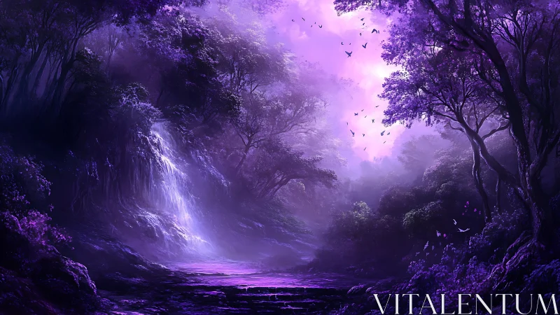 Enchanted violet forest valley with luminous waterfall.
