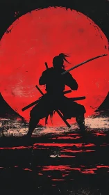 Samurai silhouette before blood-red sun, graphic ink style.
