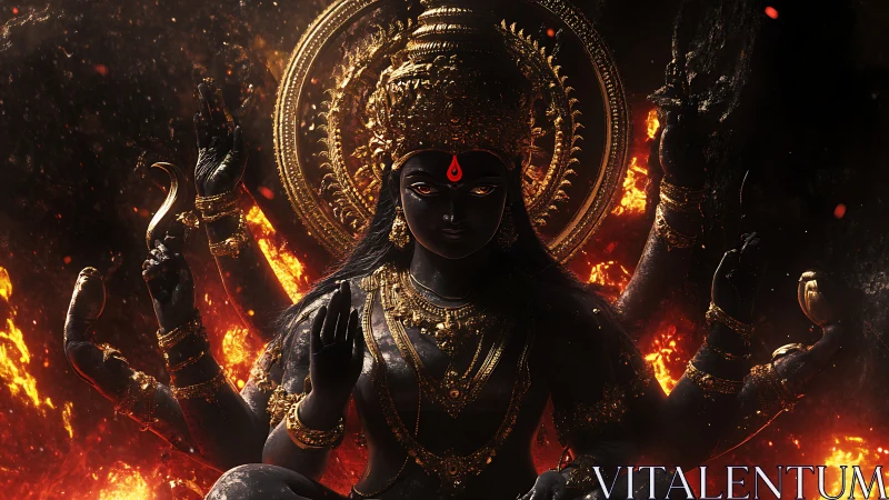 Multi-armed goddess rendered in fiery high-contrast digital realism
