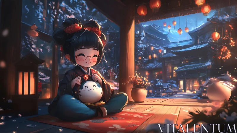 Snowlit chibi courtyard with lantern-lit architectural depth.